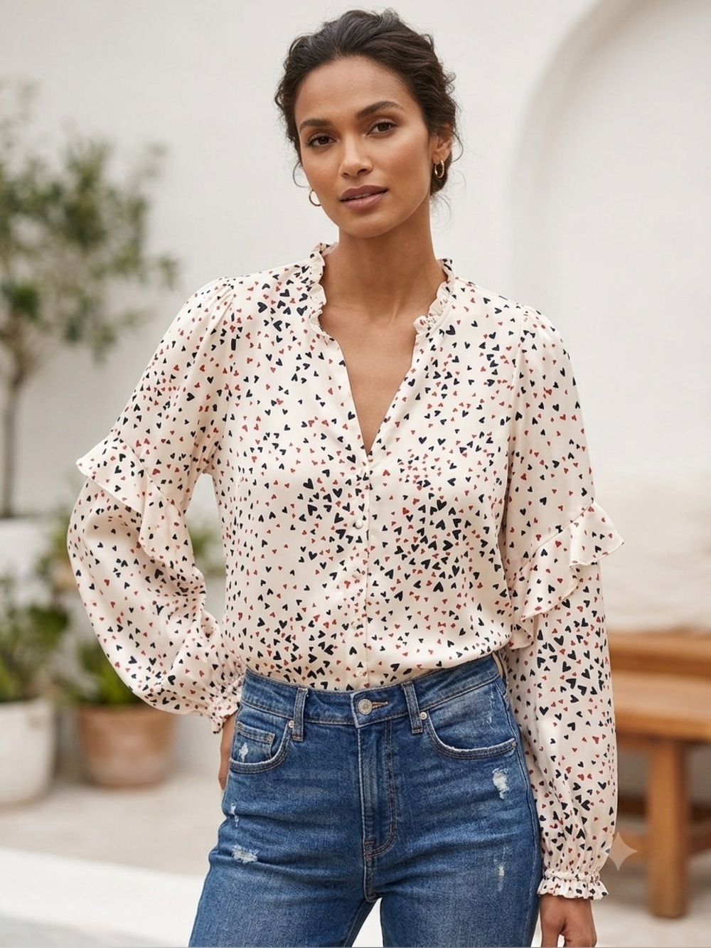 NWOT 240$ HALE BOB LA Silk Layla Blouse Heart Print Romantic Ruffle , Large